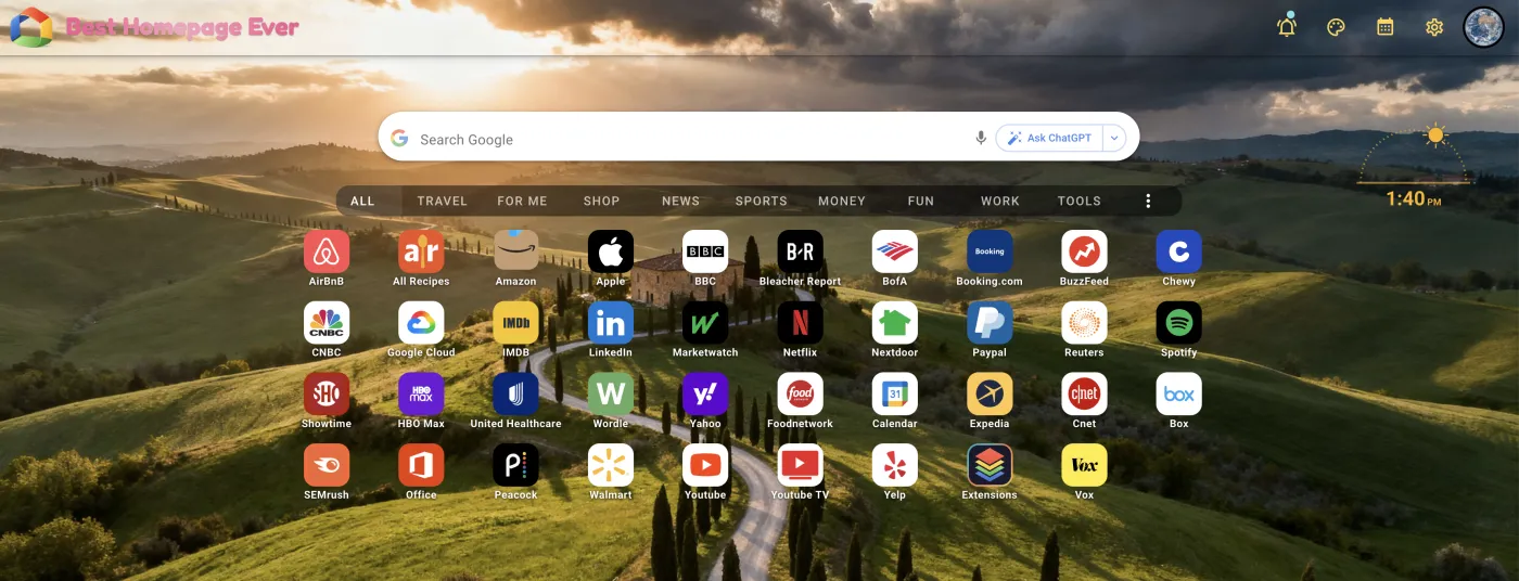 The main Best Homepage Ever site: a Google search bar and a row of category tabs above roughly forty small app-style icon tiles, laid over a full-screen photo background.