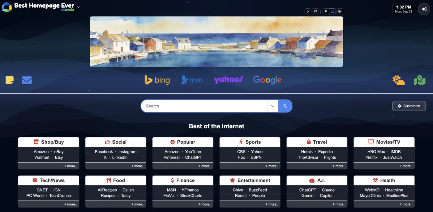 The Classic homepage: one search box above twelve labelled boxes — Shop/Buy, Social, Popular, Sports, Travel, Movies/TV, Tech/News, Food, Finance, Entertainment, A.I. and Health — each listing a few websites by name in plain text.