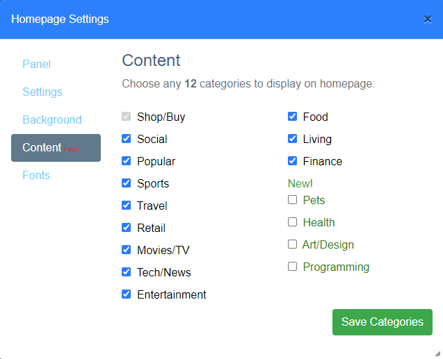 best homepage ever content settings